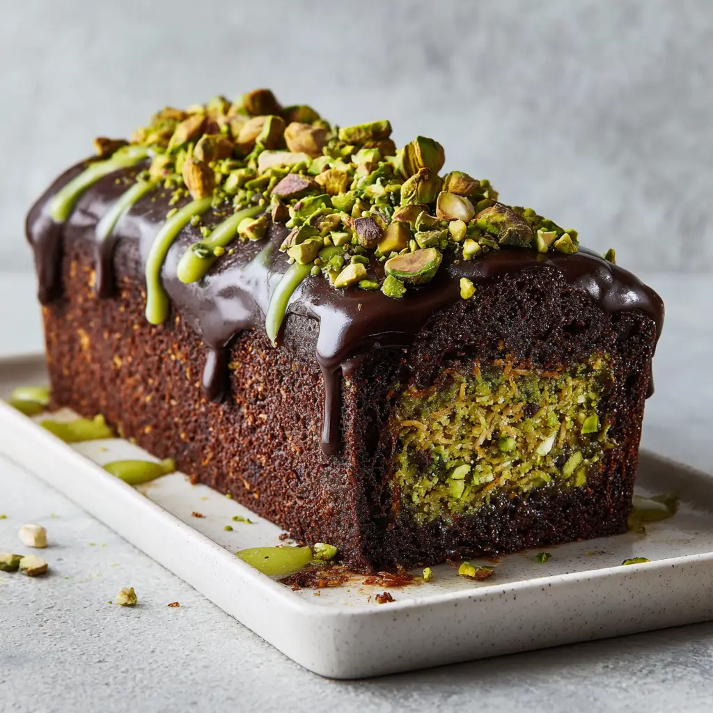 Whole Dubai Chocolate Pistachio Cake on a white ceramic platter with a glossy dark chocolate glaze and pistachio drizzle.