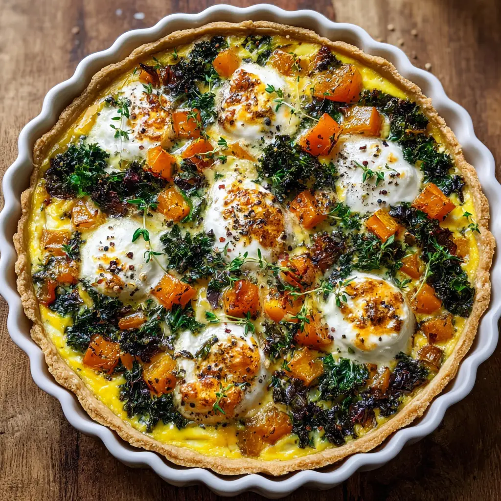 Close up of a thick golden-brown flaky pie crust holding baked yellow egg custard, roasted squash, and dollops of creamy ricotta.