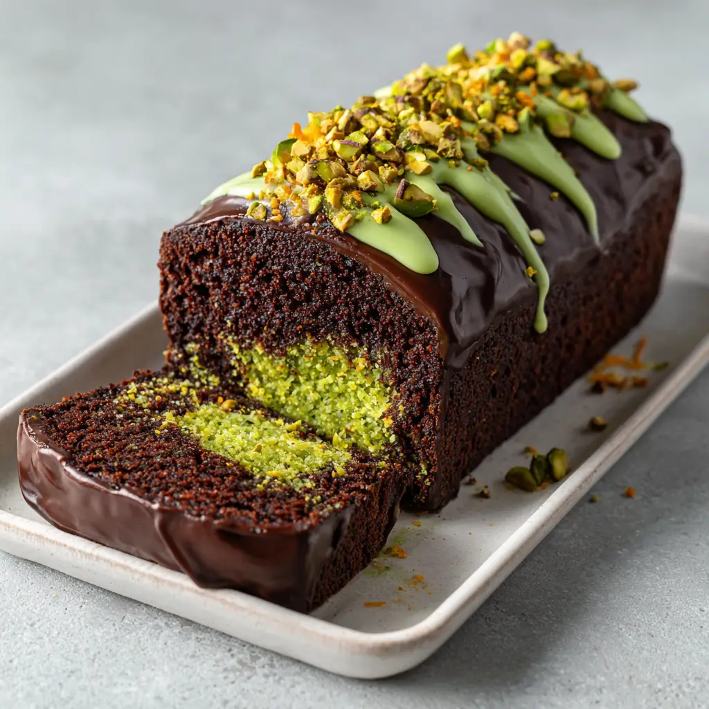 Close-up of golden shredded kataifi pastry and vibrant green pistachio cream oozing from a moist chocolate sponge.