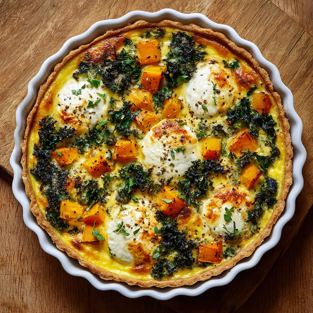Top-down view of a winter vegetable quiche garnished with fresh green thyme leaves and coarse black pepper flakes on a wooden surface.