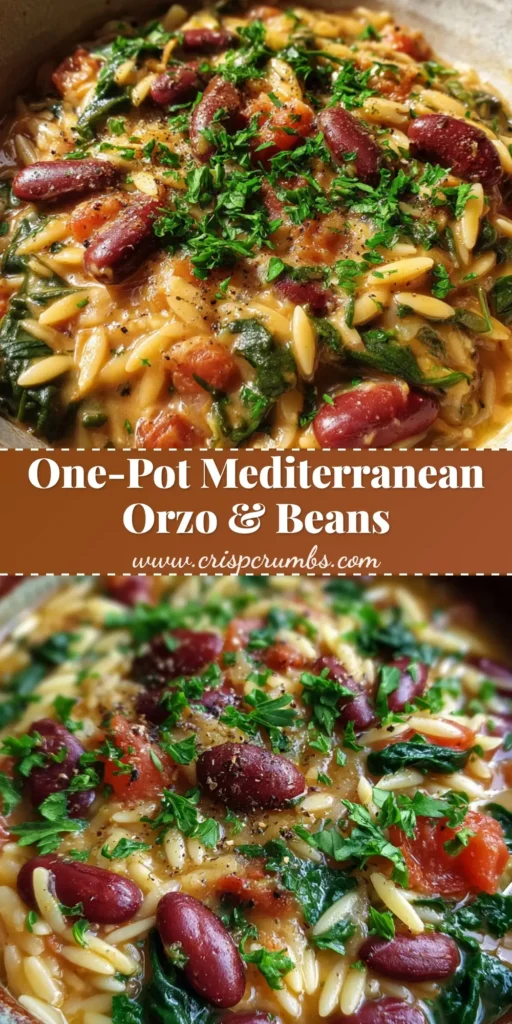 A close up photo of creamy Mediterranean Orzo and Beans in a rustic ceramic bowl with wilted spinach, kidney beans, and parsley.