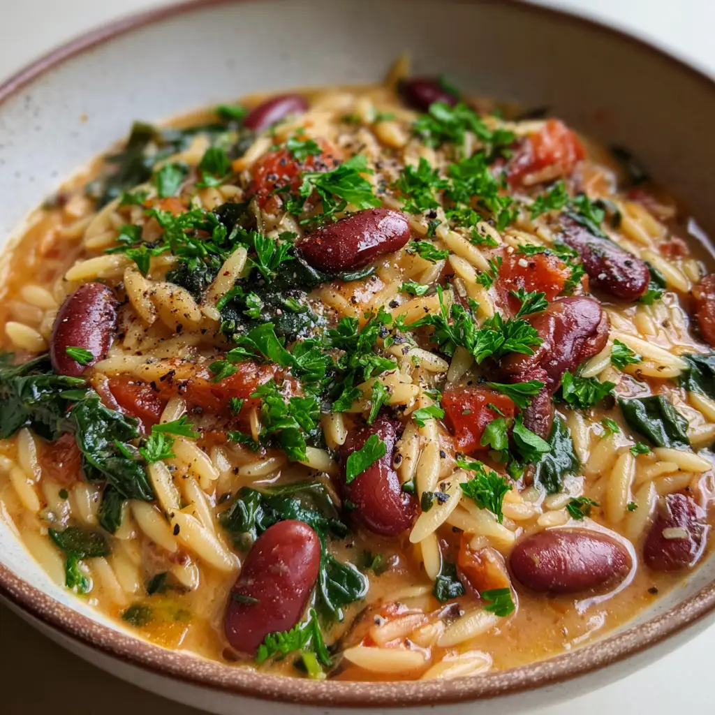 Close-up of Mediterranean Orzo and Beans showing whole cooked kidney beans, pinto beans, diced tomatoes, and cracked black pepper.