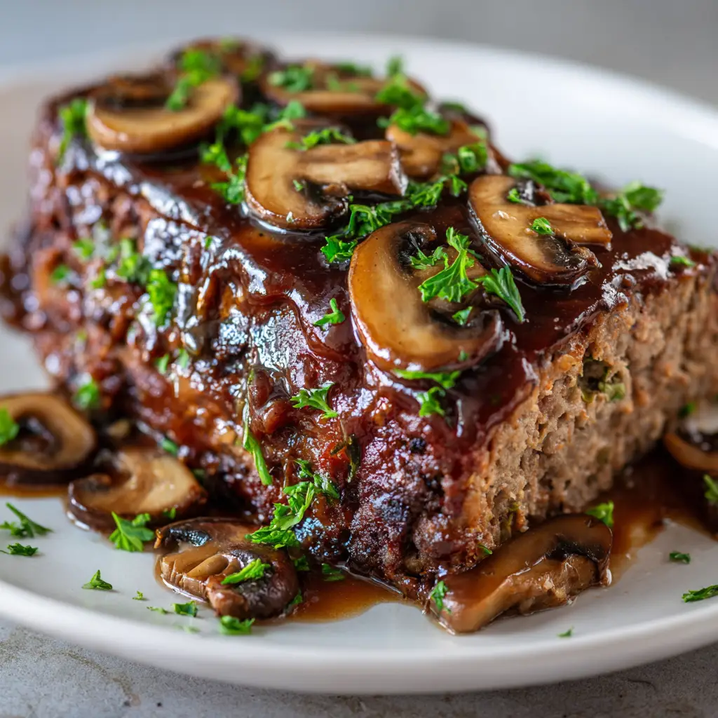 Close up of a moist ground beef meatloaf interior with a dark, slightly caramelized exterior crust. (Meatloaf with Mushroom Gravy)