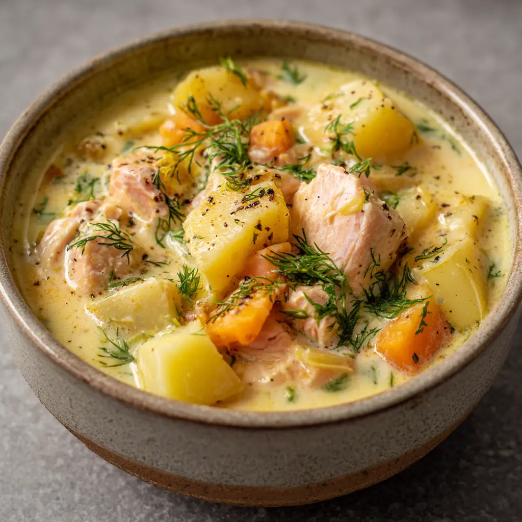 Top-down view of thick, opaque pale-yellow Salmon Chowder in a rustic bowl with visible salmon flakes and diced orange carrots.