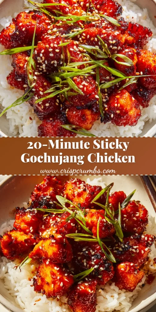 A close up view of Gochujang Chicken chunks glistening with a thick red-orange glaze, garnished with sesame seeds and green scallions over fluffy rice.