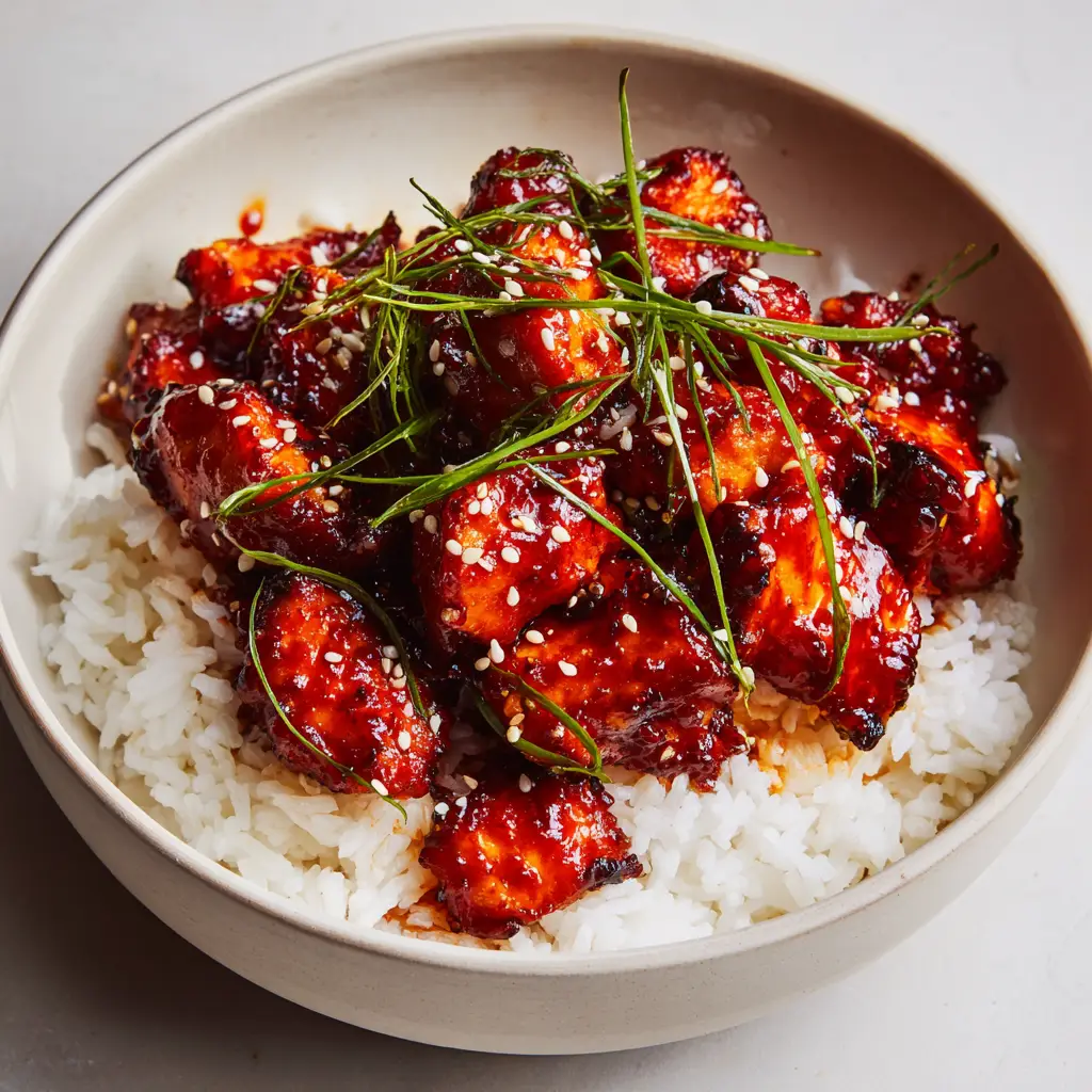 Sticky, vibrant red-orange gochujang glazed chicken pieces resting on a bed of fluffy white steamed rice in a shallow matte white ceramic bowl.