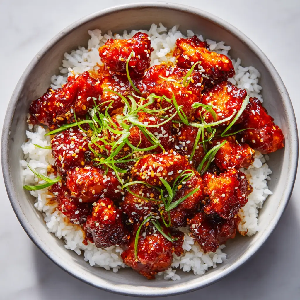 Close up of caramelized Gochujang Chicken generously garnished with white toasted sesame seeds and thinly sliced vibrant green scallions.