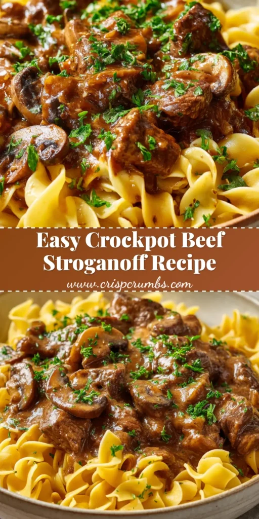 A rustic shallow bowl filled with wide wavy yellow egg noodles, topped with a thick, glossy brown Crockpot Beef Stroganoff sauce containing tender beef chunks and soft button mushrooms, garnished with fresh green parsley.