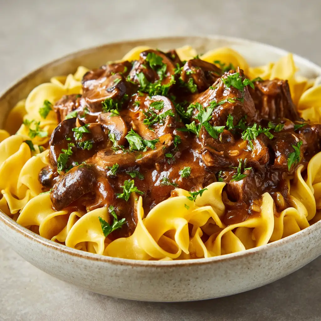 Close-up view of Crockpot Beef Stroganoff showing tender slow-cooked beef chunks, soft sliced brown button mushrooms, and thick creamy brown sauce generously spooned over cooked wide wavy egg noodles.