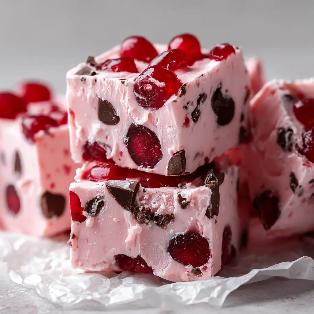 Close-up of Cherry Garcia Fudge resting on a flat surface in soft natural daylight.