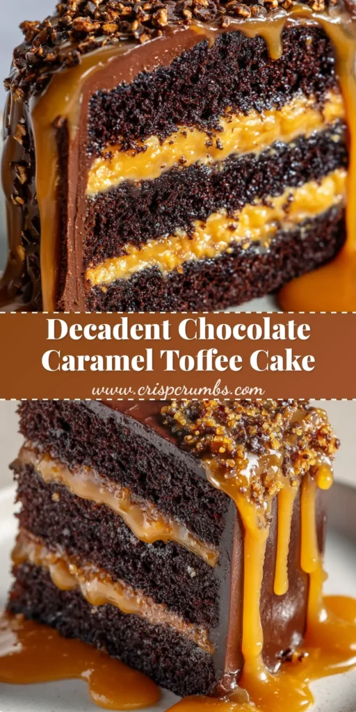 A close-up of a single slice of rich Chocolate Caramel Toffee Crunch Cake with three moist dark chocolate layers, thick dark chocolate buttercream, and gooey amber caramel veins.