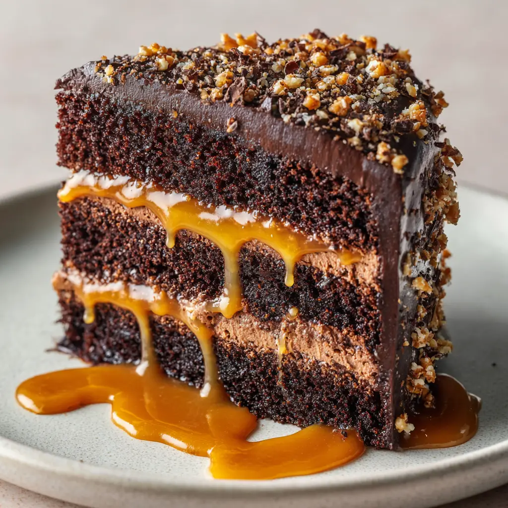Top view showing the Chocolate Caramel Toffee Crunch Cake surface crusted with irregular, jagged light brown toffee bits and micro chocolate chips.