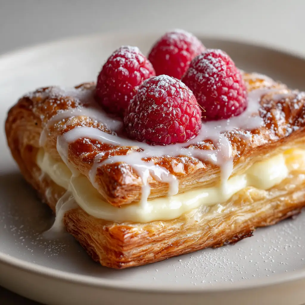 Close-up of a flaky, golden-brown puff pastry diamond filled with smooth baked cream cheese and fresh red raspberries.