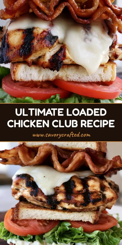 Loaded Chicken Club Sandwich with Garlic Aioli and Melted Provolone 3 A massive triple-decker Loaded Chicken Club Sandwich on sourdough bread with charred chicken, melted provolone, and crispy bacon, held together by red frill picks.