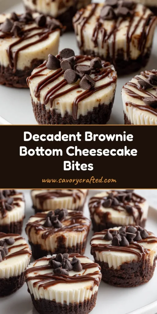 A close-up of several Brownie Bottom Cheesecake Bites with glossy chocolate drizzle and mini chips on a matte white plate.