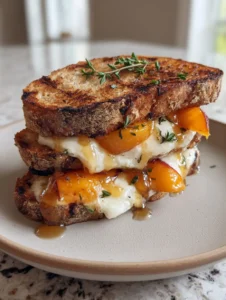 Handheld photo of a Peach and Brie Grilled Cheese showing a golden sourdough crust and gooey cheese filling with fresh thyme.