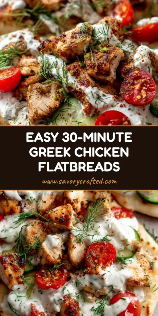 Greek Chicken Flatbread with Creamy Tzatziki and Fresh Herb Seasoning 4 A top-down view of a handheld Greek Chicken Flatbread with charred edges, juicy herb-seasoned chicken, thick tzatziki, and fresh dill sprigs.