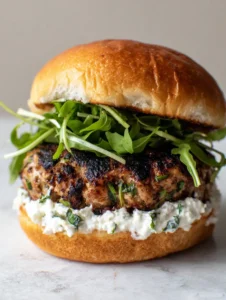 Macro shot of a seared Barefoot Contessa Turkey Burger showing herb flecks in the meat and melting ricotta cheese.