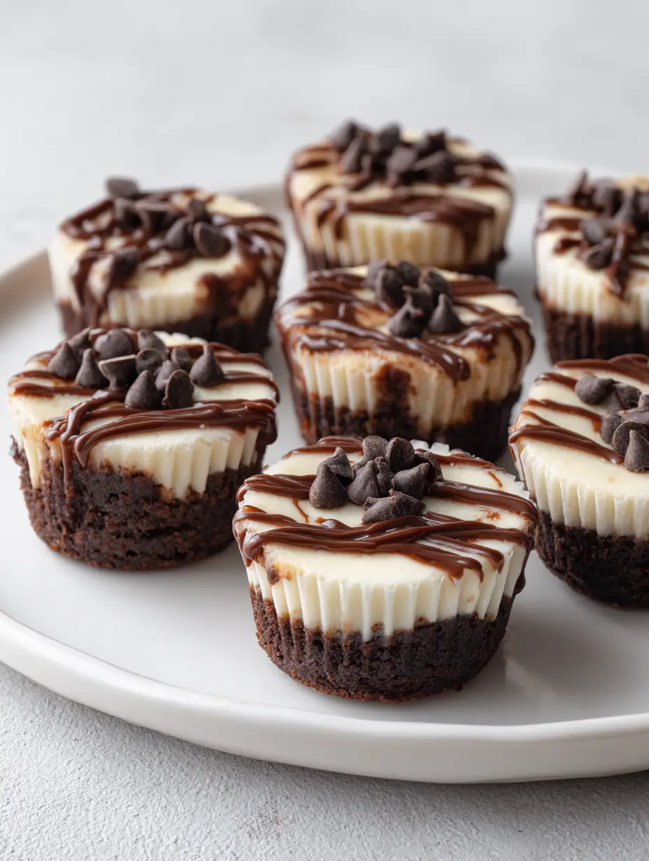 High-angle shot showing the distinct layers of Brownie Bottom Cheesecake Bites in white paper liners.