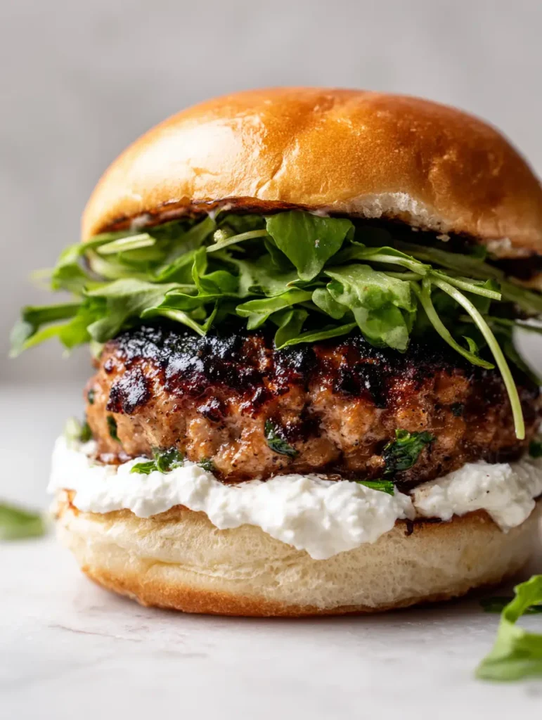 Side view of a thick turkey burger with green watercress and a toasted white bun.