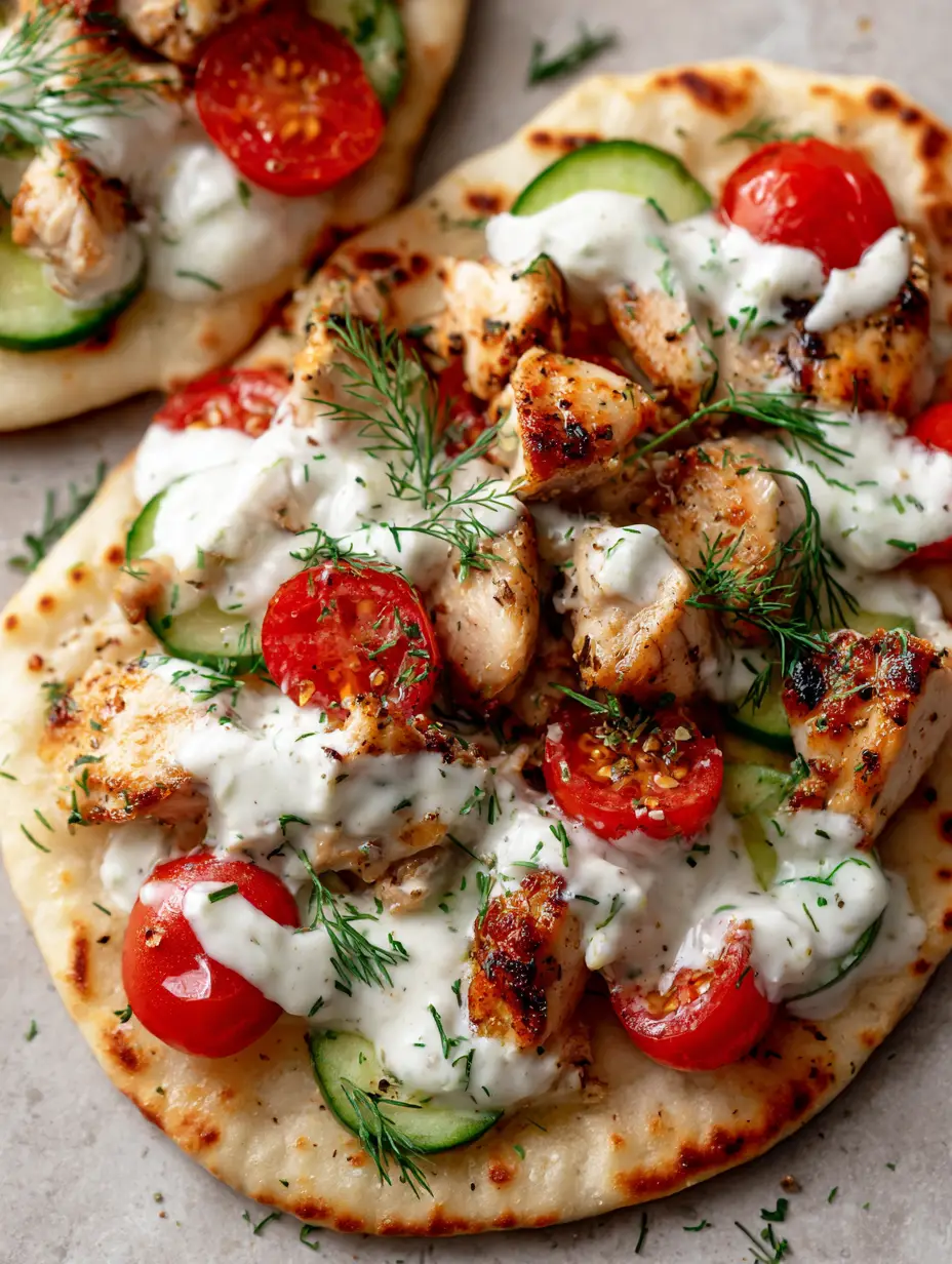 Greek Chicken Flatbread with Creamy Tzatziki and Fresh Herb Seasoning 3 Close up photo of Greek Chicken Flatbread showing browned chicken edges and creamy white tzatziki sauce.