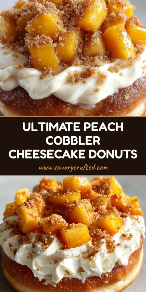 Peach Cobbler Cheesecake Donuts: The Ultimate Summer Indulgence 4 A handheld close-up of a Peach Cobbler Cheesecake Donut with ivory frosting, fresh diced peaches, and graham cracker crumbs.