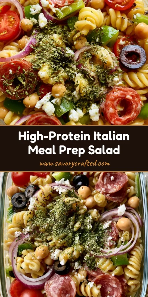 A top-down view of a clear glass meal prep container filled with High-Protein Italian Pasta Salad featuring salami, chickpeas, and rotini.