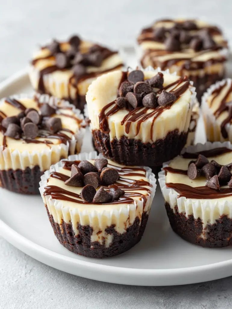 Close-up of glossy chocolate ganache zigzagged over smooth Brownie Bottom Cheesecake Bites.