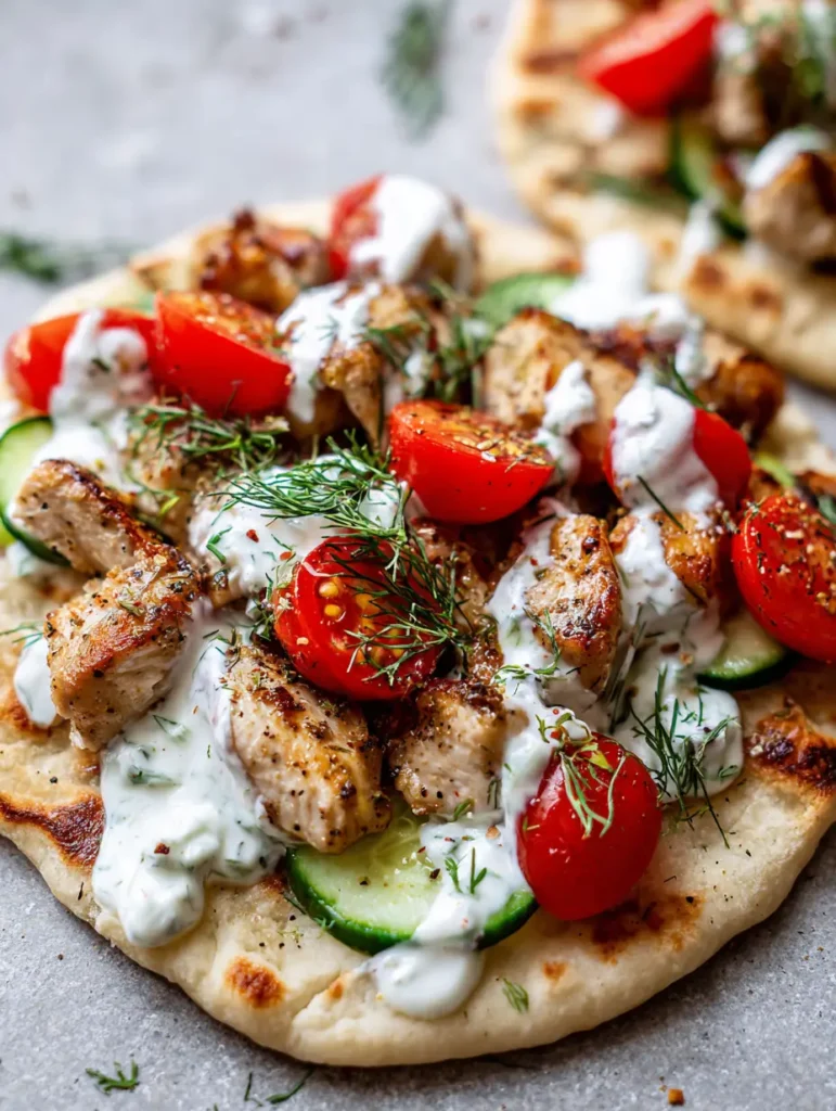 Greek Chicken Flatbread with Creamy Tzatziki and Fresh Herb Seasoning 1 Fresh Greek Chicken Flatbread topped with sliced cherry tomatoes, cucumber half-moons, and fresh dill.