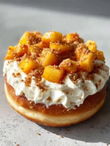 Close-up top-down angle of Peach Cobbler Cheesecake Donuts showing the airy texture and thick ivory cream cheese frosting.