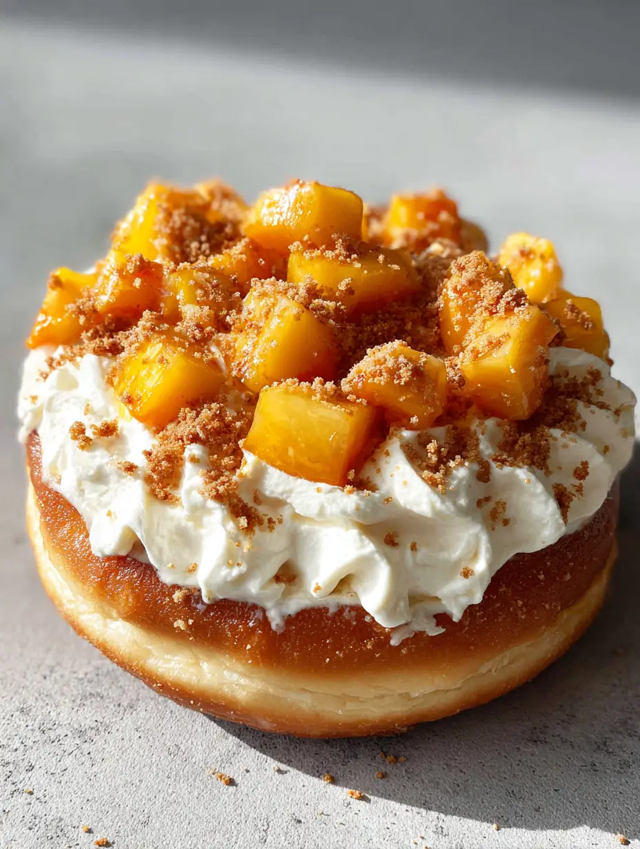 Peach Cobbler Cheesecake Donuts: The Ultimate Summer Indulgence 3 Close-up top-down angle of Peach Cobbler Cheesecake Donuts showing the airy texture and thick ivory cream cheese frosting.