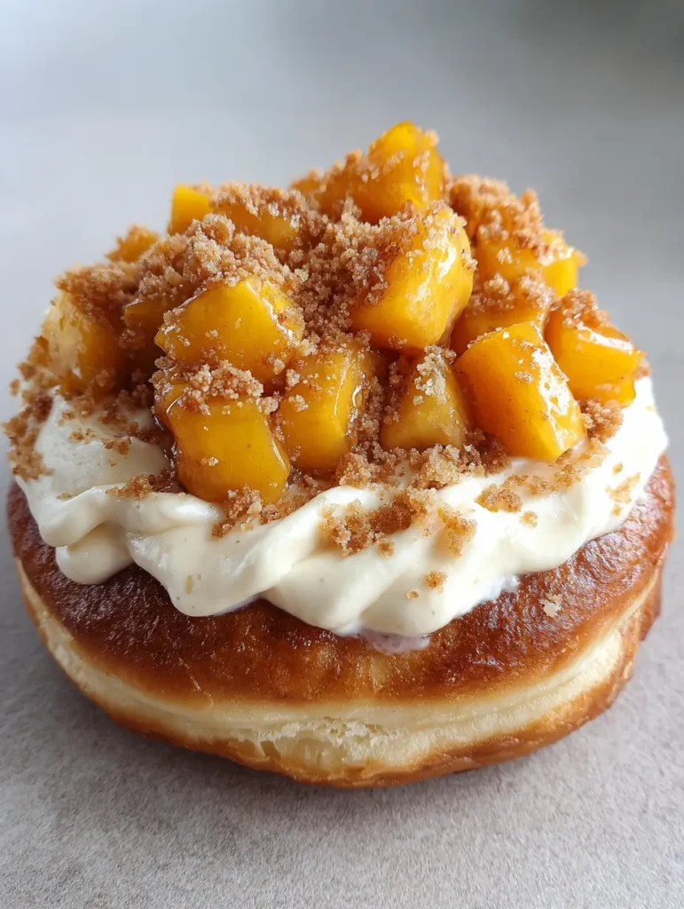 Peach Cobbler Cheesecake Donuts: The Ultimate Summer Indulgence 1 A single Peach Cobbler Cheesecake Donut on a light-gray surface with natural daylight highlights on glistening peach cubes.