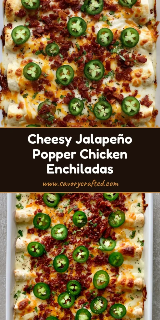 Jalapeño Popper Chicken Enchiladas: The Ultimate Creamy, Spicy Comfort Bake 4 A top-down view of Jalapeño Popper Chicken Enchiladas in a white baking dish with bubbling cheese, fresh jalapeño slices, and crispy bacon.