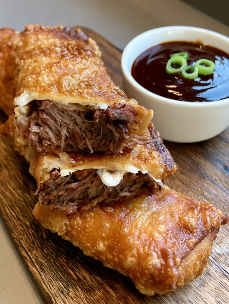 BBQ Egg Rolls: The Ultimate Crispy Smoked Brisket Appetizer 1 Internal layers of shredded smoked brisket and creamy cabbage coleslaw inside a fried egg roll.