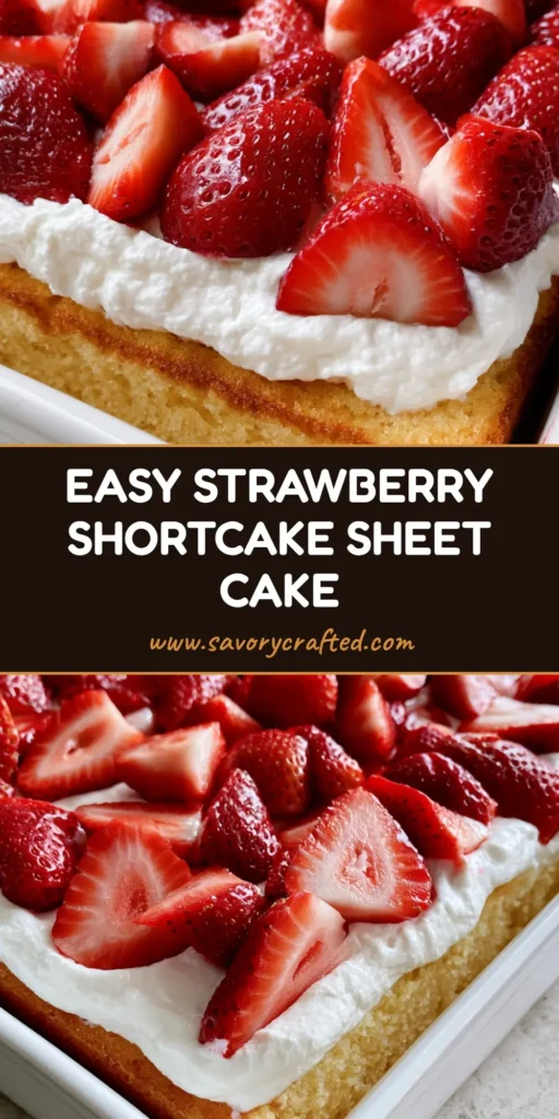 Strawberry Shortcake Sheet Cake with Fresh Glossy Berries 4 A close-up of a Strawberry Shortcake Sheet Cake in a white dish, topped with dense halved strawberries and thick whipped cream.