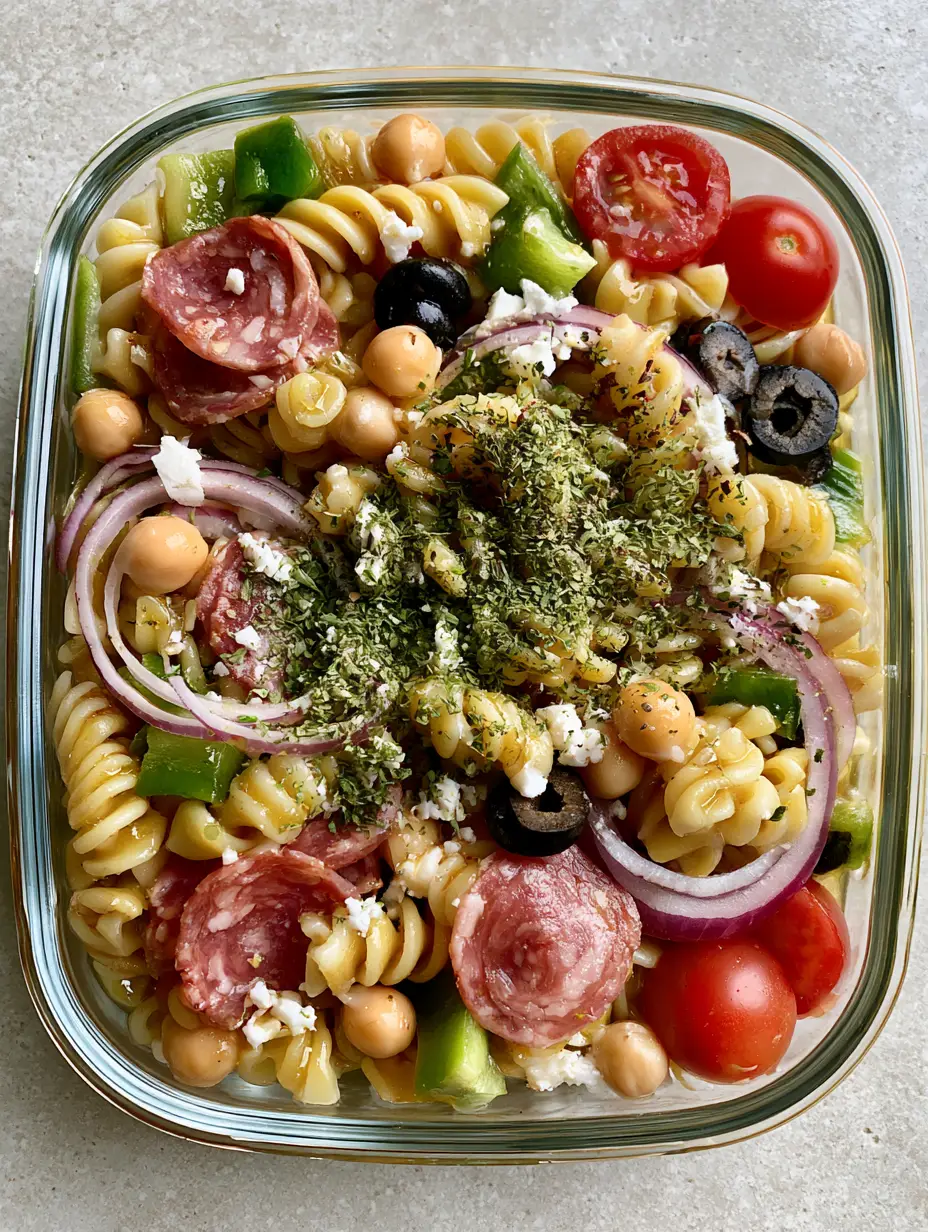 Close-up of glistening golden vinaigrette on rotini pasta in a High-Protein Italian Pasta Salad.