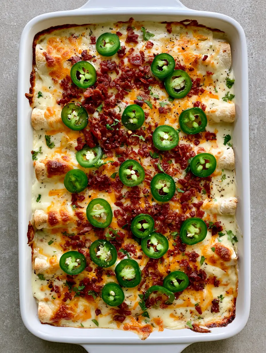 Jalapeño Popper Chicken Enchiladas: The Ultimate Creamy, Spicy Comfort Bake 3 Close-up of golden melted cheese and fresh green jalapeño slices on top of Jalapeño Popper Chicken Enchiladas.