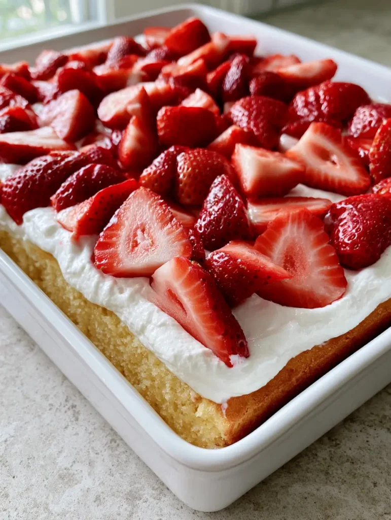 Strawberry Shortcake Sheet Cake with Fresh Glossy Berries 2 Angled view of a moist vanilla sponge sheet cake topped with bright white whipped cream and fresh red strawberries. (Strawberry Shortcake Sheet Cake)