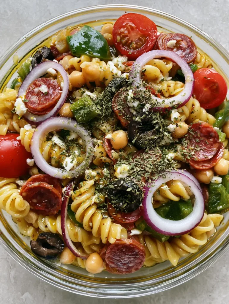 Overhead shot of glass meal prep containers filled with Italian pasta salad topped with feta and oregano.