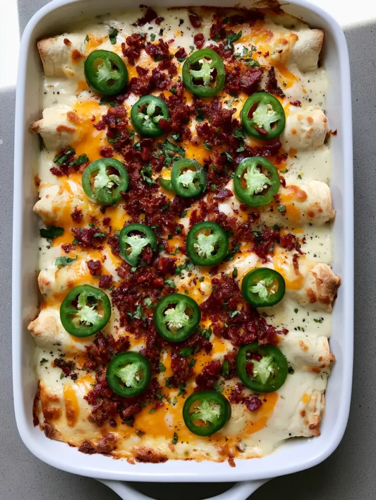 Jalapeño Popper Chicken Enchiladas: The Ultimate Creamy, Spicy Comfort Bake 1 Detailed shot of eight rolled Jalapeño Popper Chicken Enchiladas covered in thick white cream sauce and bacon bits.