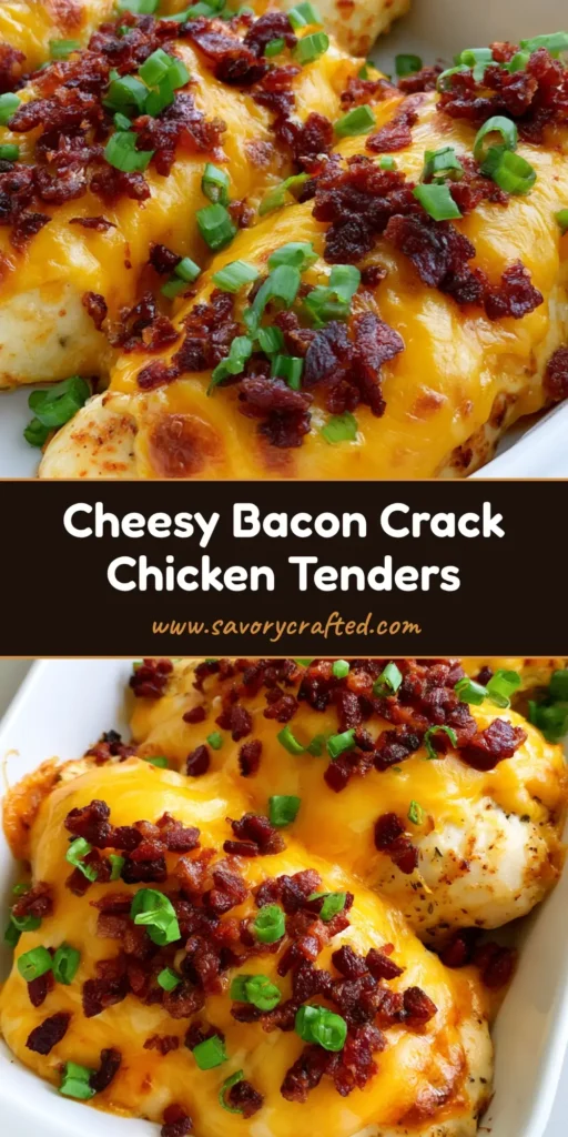 Crack Chicken Tenders with Melted Cheddar and Crispy Bacon 4 A close-up of Crack Chicken Tenders in a white dish, topped with bubbling orange cheddar, crispy bacon, and green scallions.
