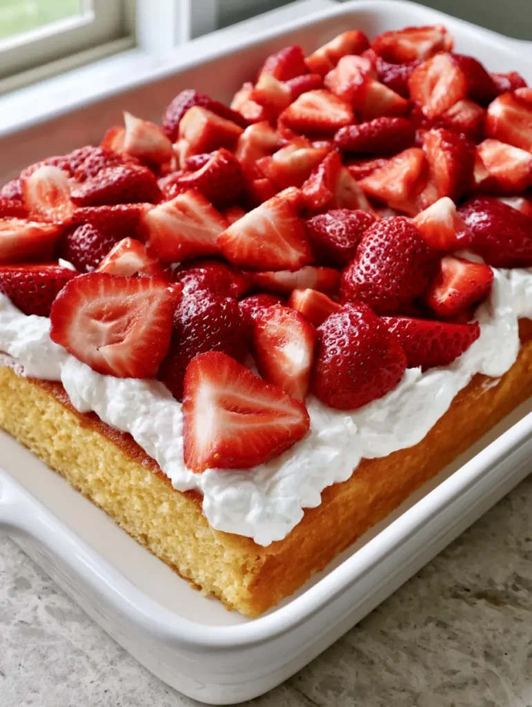 Strawberry Shortcake Sheet Cake with Fresh Glossy Berries 1 Detailed view of the strawberry halves and quarters showing white cores and seeds on a thick cream topping. (Strawberry Shortcake Sheet Cake)