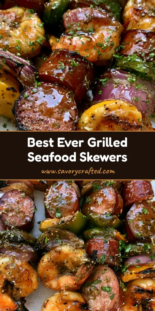 Grilled Seafood Skewers with Smoked Sausage and Garlic Herb Glaze 4 Close-up of five Grilled Seafood Skewers with shrimp, sausage, and peppers resting on a light gray surface. (Grilled Seafood Skewers)