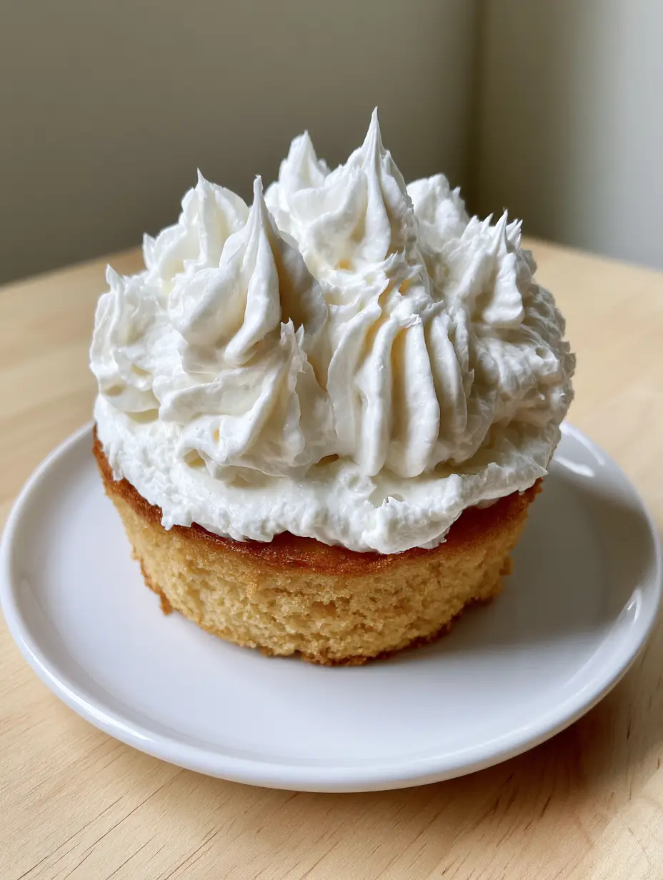 Whipped Cream Frosting: Mastering The Art of Stiff, Velvety Peaks 3 A handheld smartphone photo of a single layer golden vanilla sponge cake topped with a dense layer of white Whipped Cream Frosting.