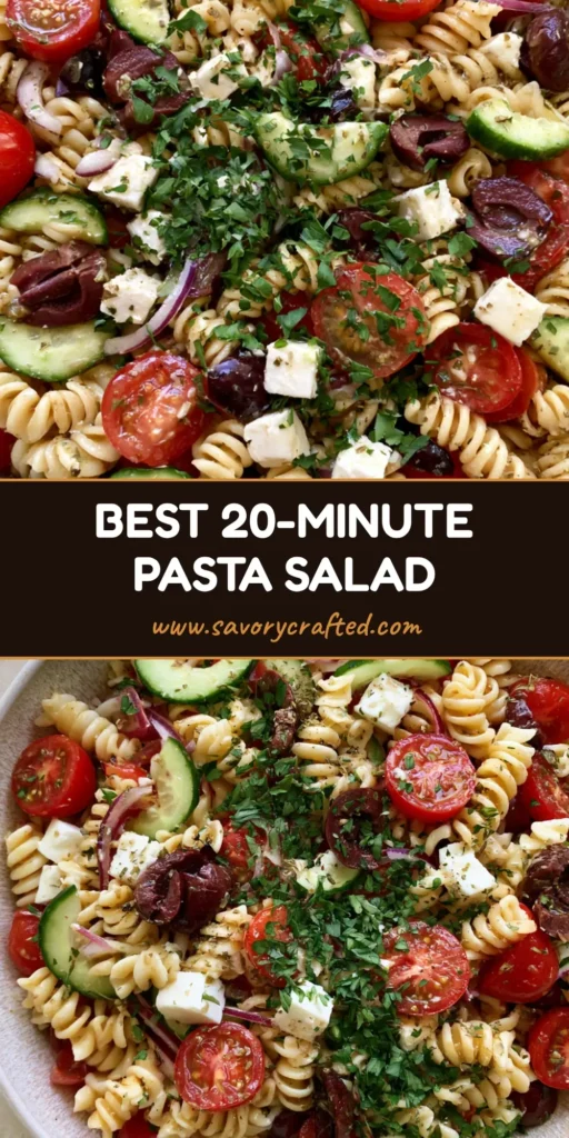 Mediterranean Pasta Salad with Zesty Lemon-Herb Vinaigrette 4 A vibrant Mediterranean Pasta Salad in a ceramic bowl featuring rotini, cherry tomatoes, and feta cheese. (Mediterranean Pasta Salad)