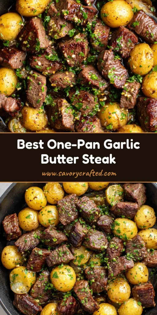 A rustic cast iron skillet filled with seared beef tenderloin cubes and roasted baby potatoes in a shimmering garlic butter sauce. (Garlic Butter Steak Bites)