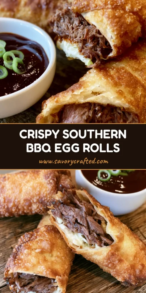 BBQ Egg Rolls: The Ultimate Crispy Smoked Brisket Appetizer 4 A close-up of crispy Southern BBQ Egg Rolls sliced diagonally on a rustic board, showing the layers of brisket and slaw with mahogany dipping sauce.