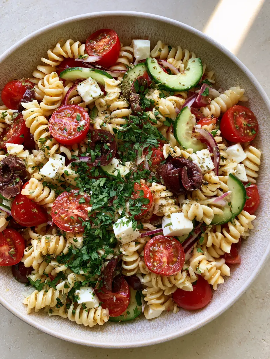Mediterranean Pasta Salad with Zesty Lemon-Herb Vinaigrette 3 A top-down close-up shot of a textured light-colored ceramic bowl overflowing with Mediterranean Pasta Salad. (Mediterranean Pasta Salad)