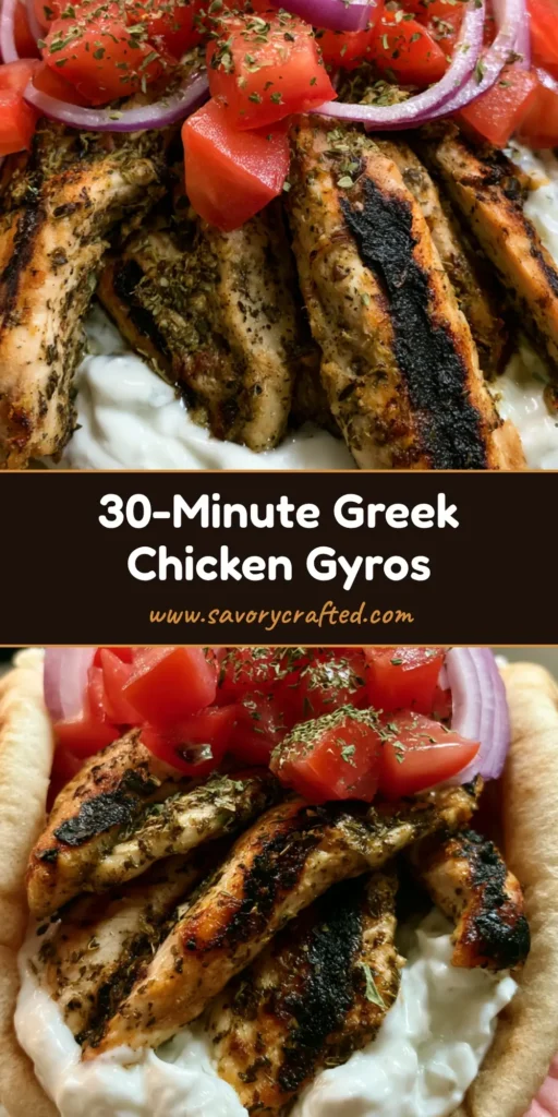 A handheld Greek chicken gyro wrapped in thick pita bread with creamy white tzatziki and charred chicken strips. (Greek Chicken Gyros)