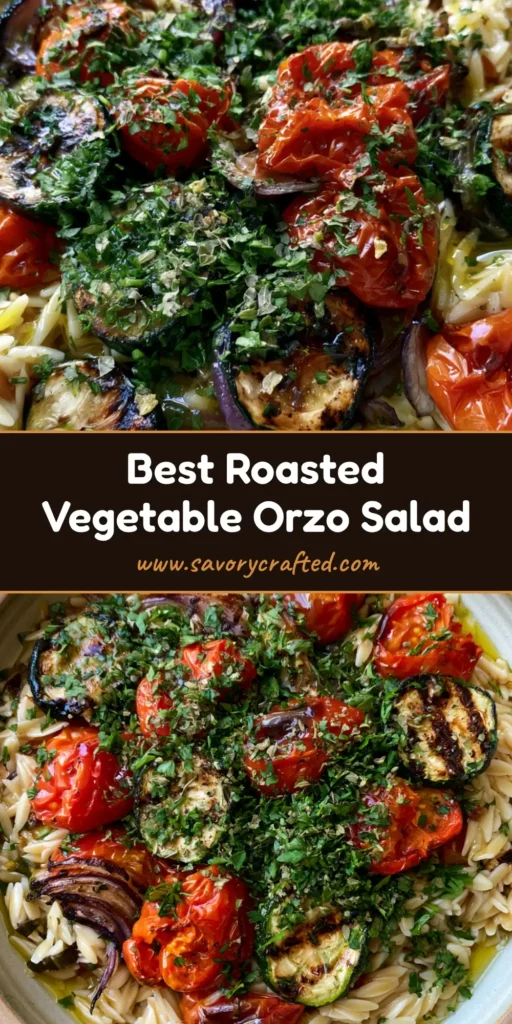 A top-down view of a Roasted Vegetable Orzo Salad with charred zucchini, burst tomatoes, and feta in a ceramic bowl. (Roasted Vegetable Orzo Salad)